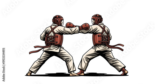 Two martial artists sparring with gloves.