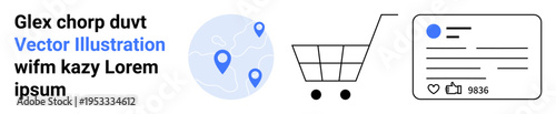 E-commerce, digital marketing, social media, online shopping, web navigation, branding. Map with pins, shopping cart profile card. E-commerce and digital marketing concept