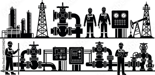 Oil refinery and pipeline worker silhouettes with industrial equipment isolated on white background, petroleum production engineering collection for energy industry infrastructure vector illustration