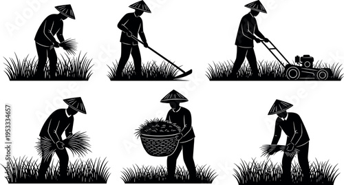 Set of farmer silhouettes harvesting rice and cutting grass with traditional tools and mower, agricultural workers in rural field isolated on white background illustration
