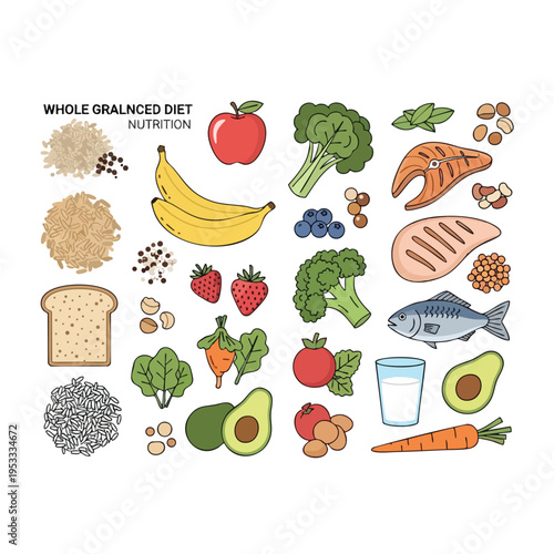 Assortment of whole foods and proteins for a balanced diet