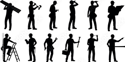 Silhouette set of construction workers holding tools, carrying materials, reading plans and performing tasks in various poses, industrial labor workforce concept isolated on white background