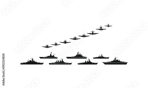 Historical naval fleet and vintage aircraft formation in silhouette style