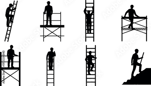 Silhouette set of construction workers climbing ladders and standing on scaffolding in different poses, industrial safety and maintenance concept isolated on white background