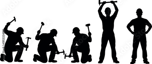 Silhouette set of construction workers using hammers in various poses, kneeling and standing industrial labor concept isolated on white background for engineering, building, workforce themes