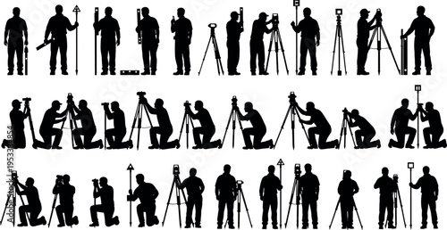 Surveyor and engineer silhouettes using tripod level equipment isolated on white background, land measurement worker collection for construction planning, geodesy service vector illustration