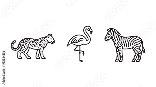 Black And White Line Drawing Of A Leopard, Flamingo And Zebra Standing In Profile On White Background For Wildlife And Animal Illustrations