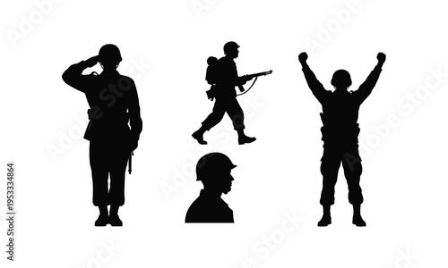 Military silhouettes depicting various soldier actions and attitudes