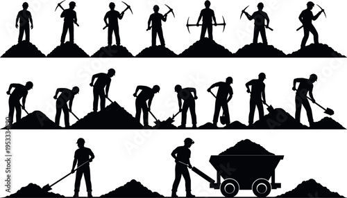 Silhouette set of miners and construction workers digging soil, using pickaxe and shovel with cart, industrial labor excavation concept isolated on white background