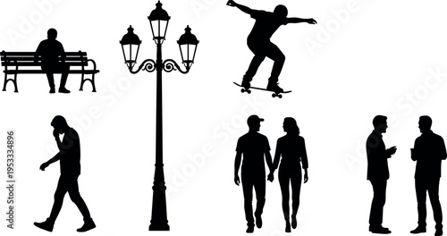 Urban lifestyle silhouette set featuring people walking, sitting on bench, couple holding hands, skateboarder performing trick and street lamp isolated on white background vector