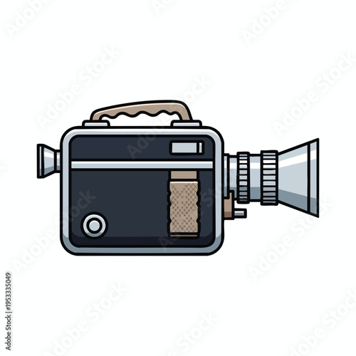 Vintage portable movie camera with large lens, handle, and textured grip