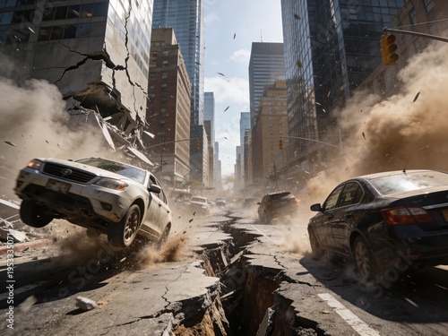 Cars crash and fly through a destroyed city street with rubble.