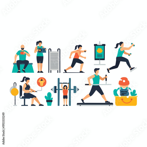 Diverse people engaged in various fitness activities and exercises