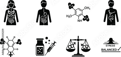 Hormonal Balance and Endocrine System Icon Set for HRT Therapy, Gut-Brain Axis Health, Chemical Formula Analysis, Stress Management, and Medical Laboratory Research - Scalable EPS Vector
