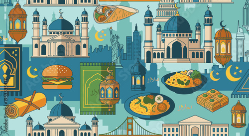 Vibrant illustration of a Ramadan-themed pattern featuring mosques, food, and crescent moons in shades of blue, orange, and white.