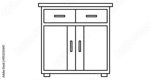 Cabinet with Drawers and Doors Simple Line Art Isolated on White Background Stock Illustration