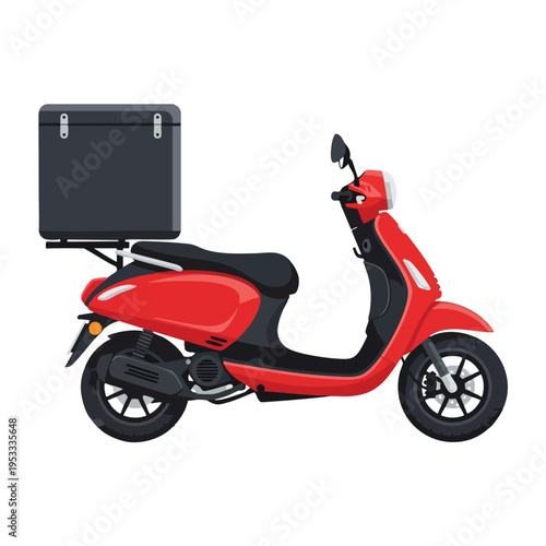 Red scooter with large black cargo box on back
