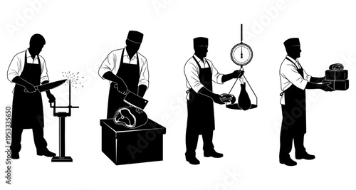 Butcher's Workflow Sequence: Sharpening Cutting Weighing and Packaging Meat Products