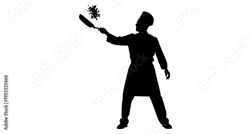 Chef silhouette flipping food in frying pan dynamic cooking action isolated on white