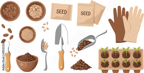 Gardening Seedling and Planting Tools Icon Set Featuring Seeds, Trowels, Soil, and Gardening Gloves