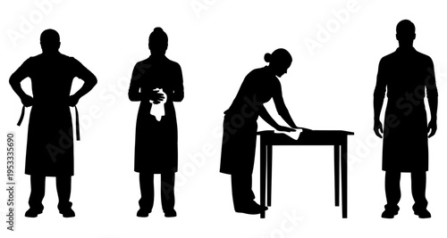Chefs and Cooks Silhouettes in Aprons with Towels and Table