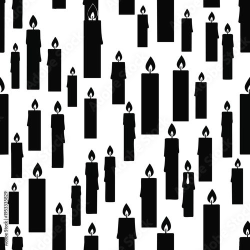 A pattern of various sized black candle silhouettes with flames on a white background