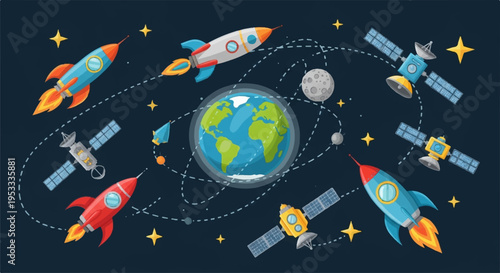 Rockets and satellites orbiting earth in space with stars and planets astronomy and exploration concept
