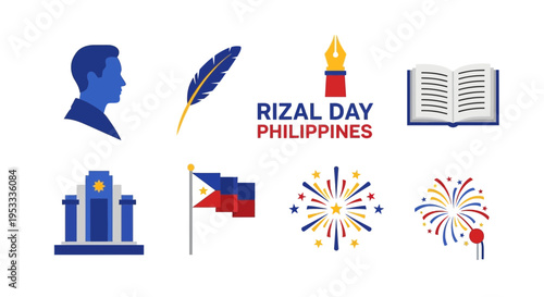 Flat design icons set for Rizal Day Philippines featuring a silhouette pen text book monument flag and fireworks