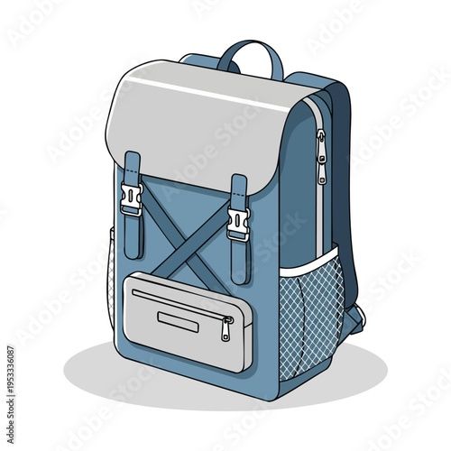 A blue backpack with grey accents, a front pocket, and side mesh pockets