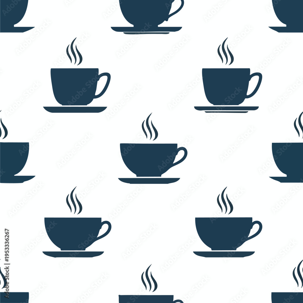 Obraz premium A repeating pattern of dark blue steaming teacups on white saucers