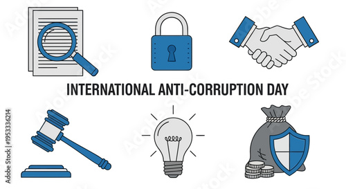 Graphic icons representing International AntiCorruption Day with text