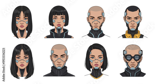 Futuristic robotic character headshots in a row.