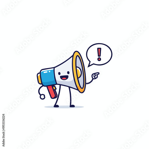 Cute cartoon megaphone character announces with exclamation
