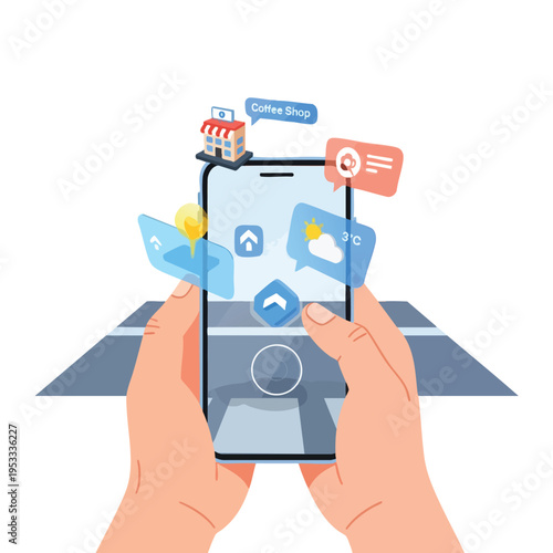 Hands hold phone displaying augmented reality navigation with weather and local business info