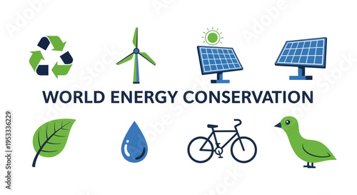 Graphic illustrating World Energy Conservation with icons for recycling wind solar leaf water bike and bird