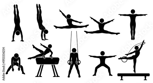 Gymnastics silhouettes performing various exercises.