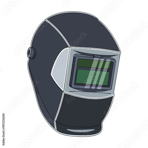 Dark gray welding helmet with tinted visor and adjustable knob, on white