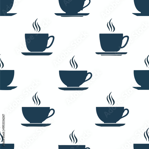 A repeating pattern of dark blue steaming teacups on white saucers