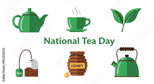 Green illustrations related to tea including a teapot cup leaves tea bag honey and kettle