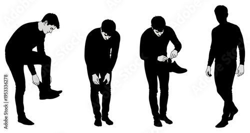Man Dressing Sequence Putting On Shoes and Tying Laces Black Silhouette