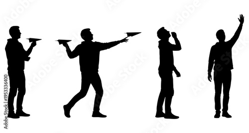 Man silhouette in sequence throwing paper airplane looking up waving isolated on white