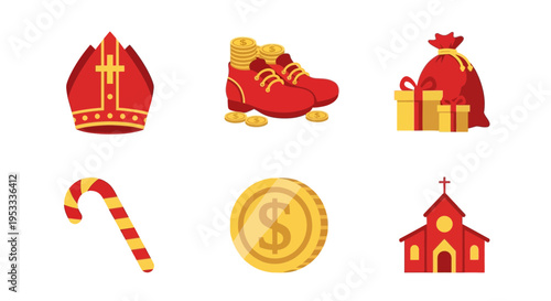 Red and gold icons featuring a miter boots with coins gifts candy cane coin and church