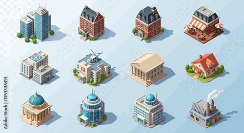 Collection of various building types and structures.