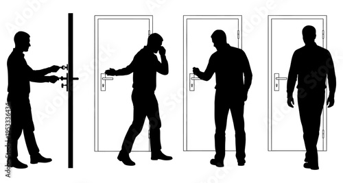 Man Silhouette Sequence Opening Doors and Walking Through Stock Graphic