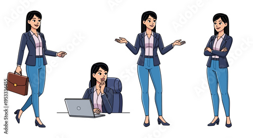 Illustrations of a businesswoman in different poses.