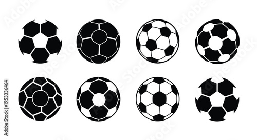 Collection of various soccer balls in a black and white silhouette