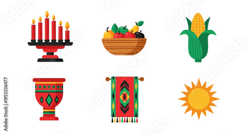 Six flat icons representing Kwanzaa symbols arranged in two rows