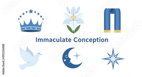 Six icons related to the Immaculate Conception surrounding blue text