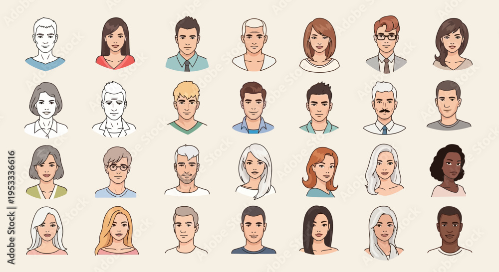 Fototapeta premium Diverse group of cartoon human faces.