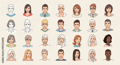 Diverse group of cartoon human faces.